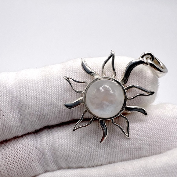 Rainbow Moonstone Sun Gemstone .925 Sterling Silver Sun Pendant - Picture 10 of 16